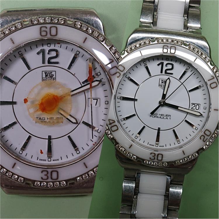 A before and after image of the watch.