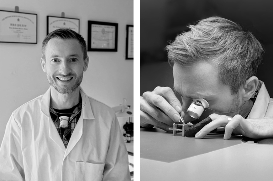 W.E. Clark Accredited Watch Maker headshot and close up work images side by side