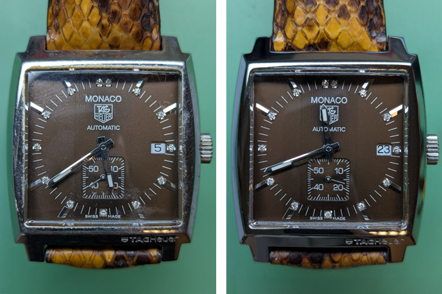 Tag Heuer Monaco Service and Refinishing Before and After